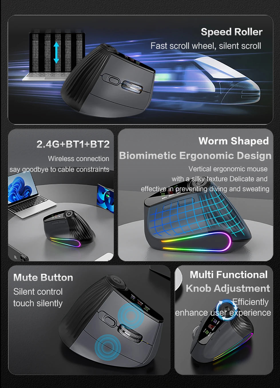Ergonomic Wireless Vertical Mouse with RGB Backlight & Precision Knob - 11