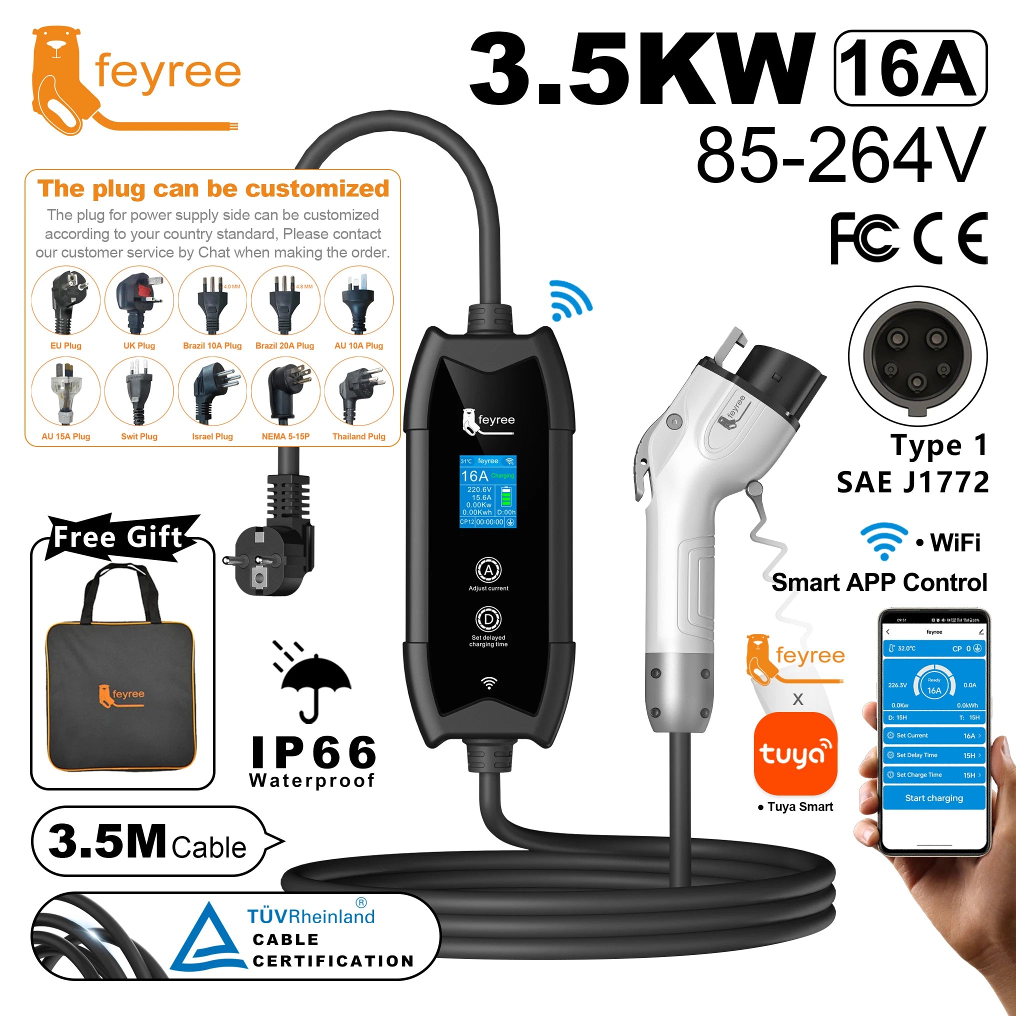 Portable Type 1 EV Charger - 16A 3.5kW Smart App Controlled Charging Cable - 25