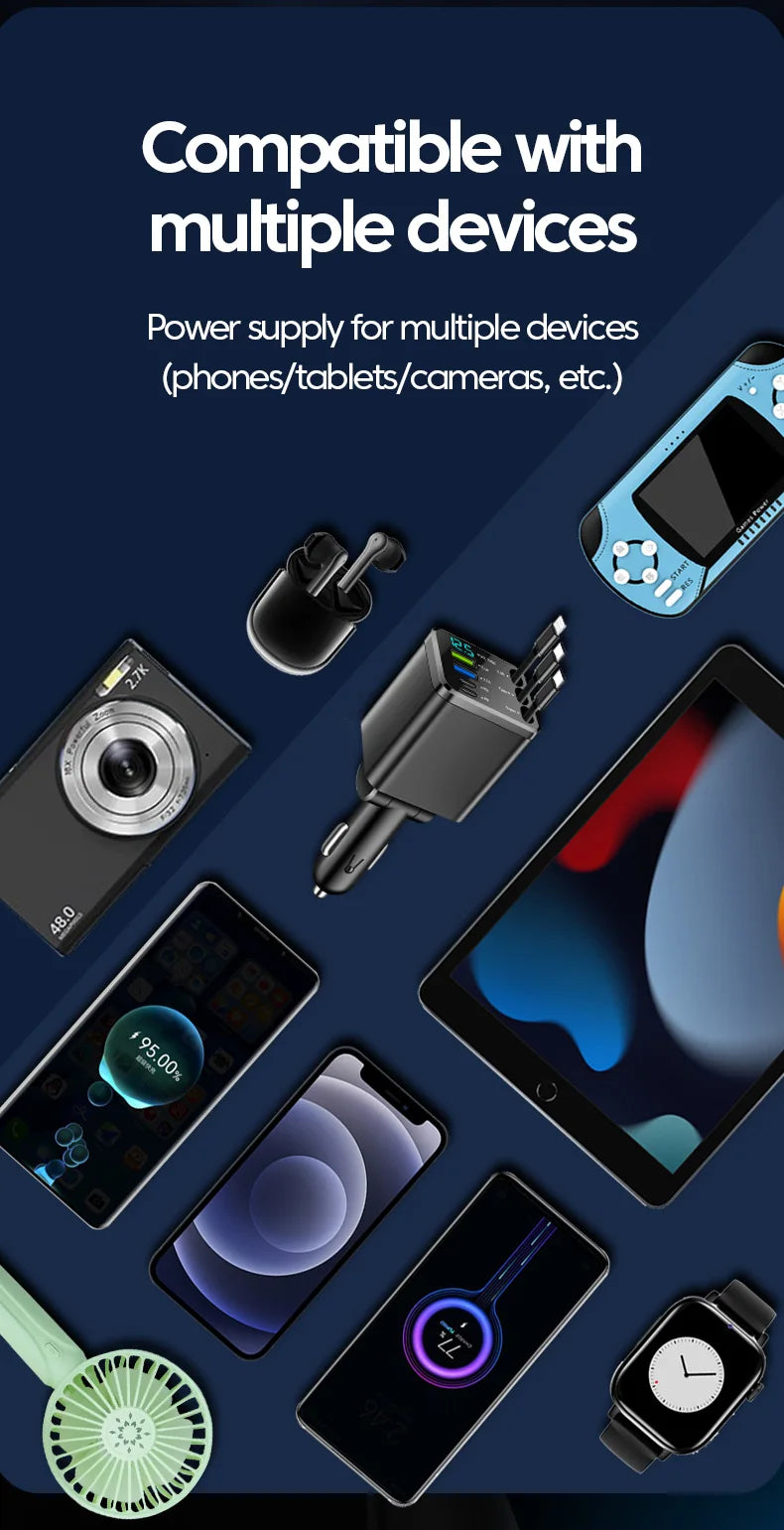 7-in-1 Retractable Fast Car Charger with Digital Display - 120W PD Adapter - 10