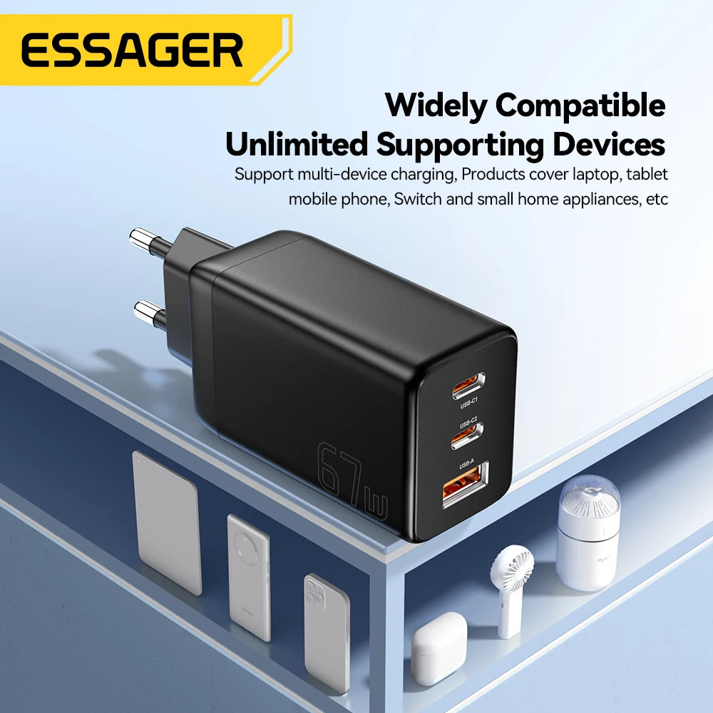 67W GaN 3-Port USB-C Fast Charger - Universal PD & QC Wall Adapter