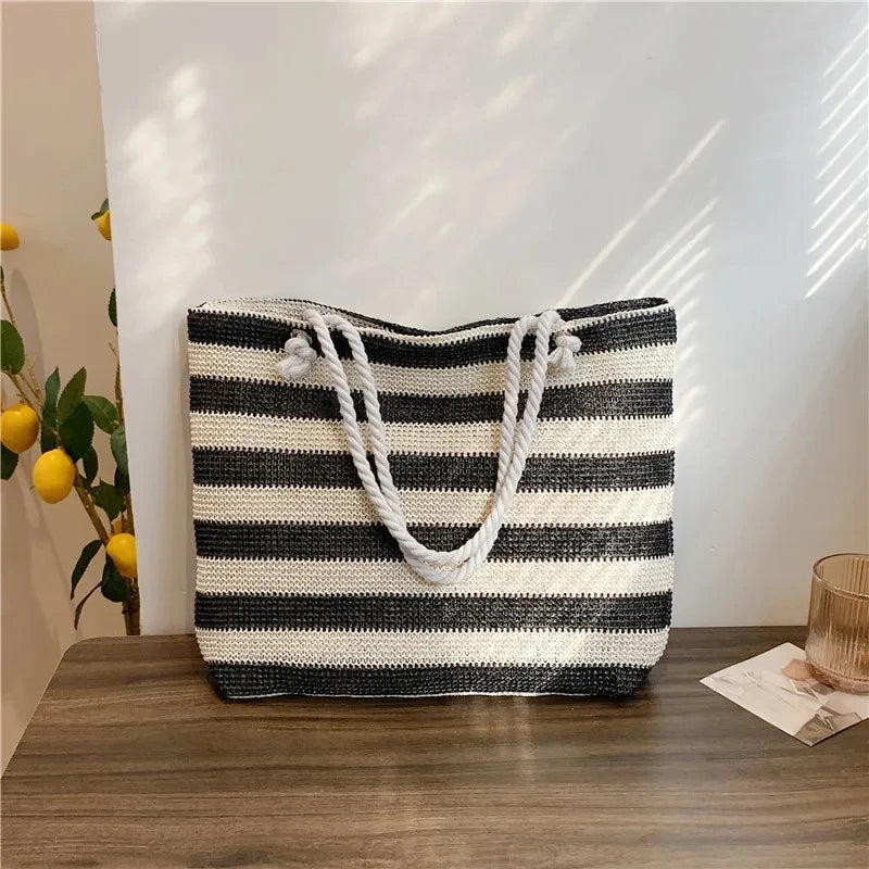 Luxury Striped Straw Beach Tote