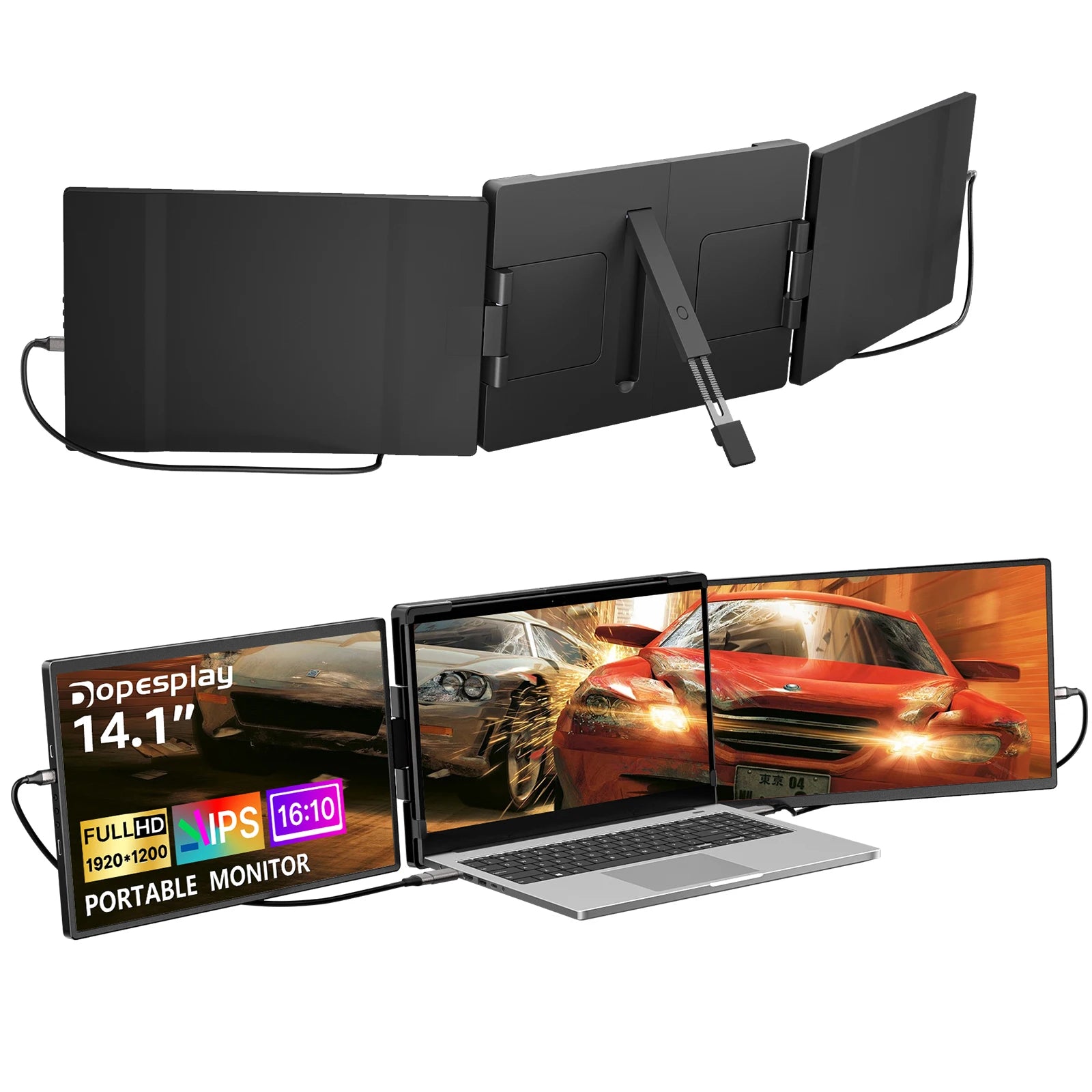 14.1" Portable Laptop Monitor - 1200P FHD IPS Triple Screen Extender - 1