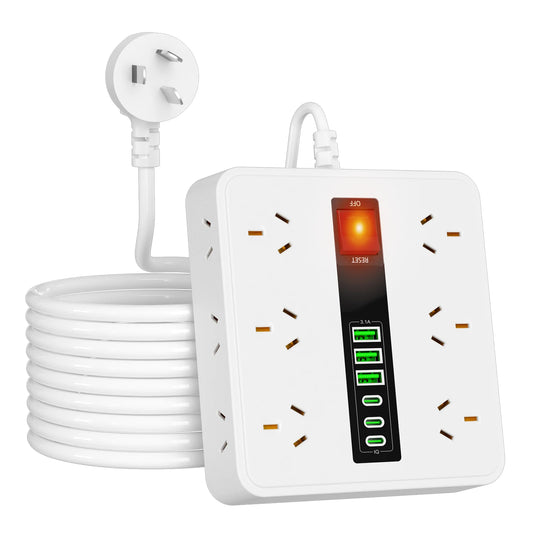 Australian Power Board: 12-Socket Extension Lead with 6 USB Fast Charger