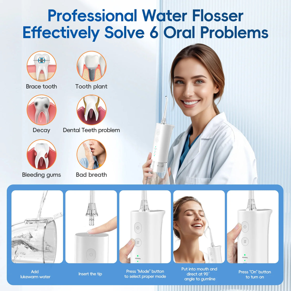 Portable Cordless Water Flosser - Rechargeable Oral Irrigator for Teeth Cleaning