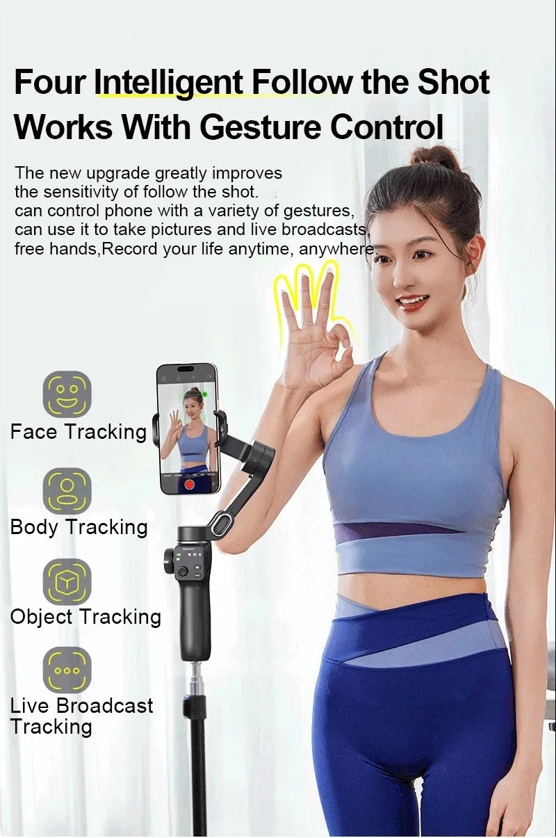 3-Axis Phone Gimbal Stabilizer with Tripod, Extension Rod & Face Tracking