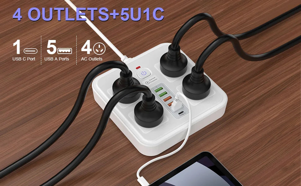 10-in-1 AU Power Board with 5 USB & 1 Type-C Ports – Surge Protected - 7