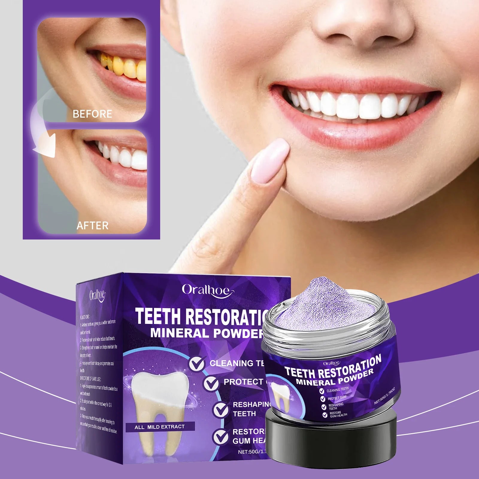 Purple Teeth Whitening Powder - Deep Stain Removal & Enamel Repair Formula - 7