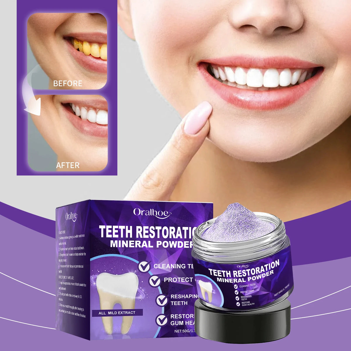 Purple Teeth Whitening Powder - Deep Stain Removal & Enamel Repair Formula