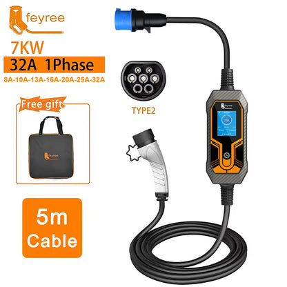 7KW Portable EV Charger Type 2 - Adjustable 32A Electric Vehicle Charging Box
