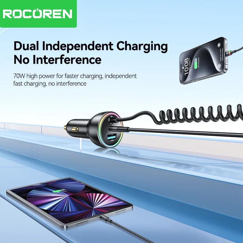 70W Fast USB-C Car Charger with 1.6m Retractable Spring Cable - 5