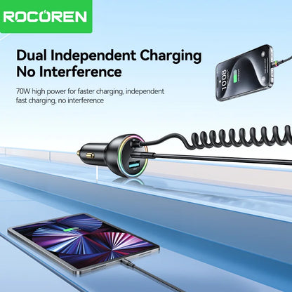 70W Fast USB-C Car Charger with 1.6m Retractable Spring Cable