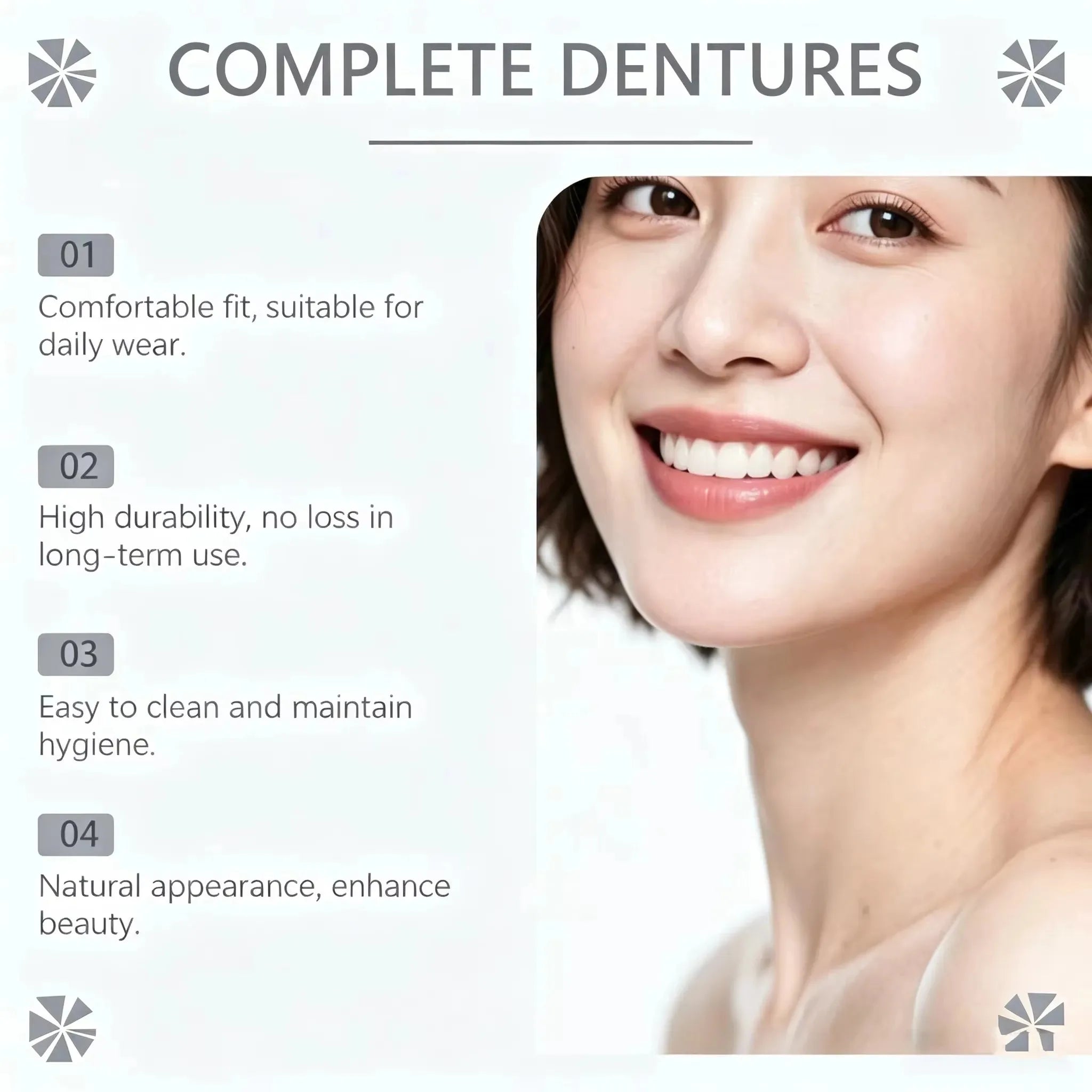 Natural Feel Silicone Denture Set - Comfortable Fit Upper & Lower False Teeth - 6