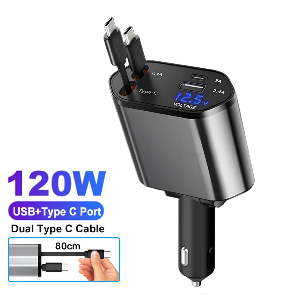 4-in-1 Retractable Car Charger - 120W Fast Charging with Voltage Display for iPhone & Samsung - 19