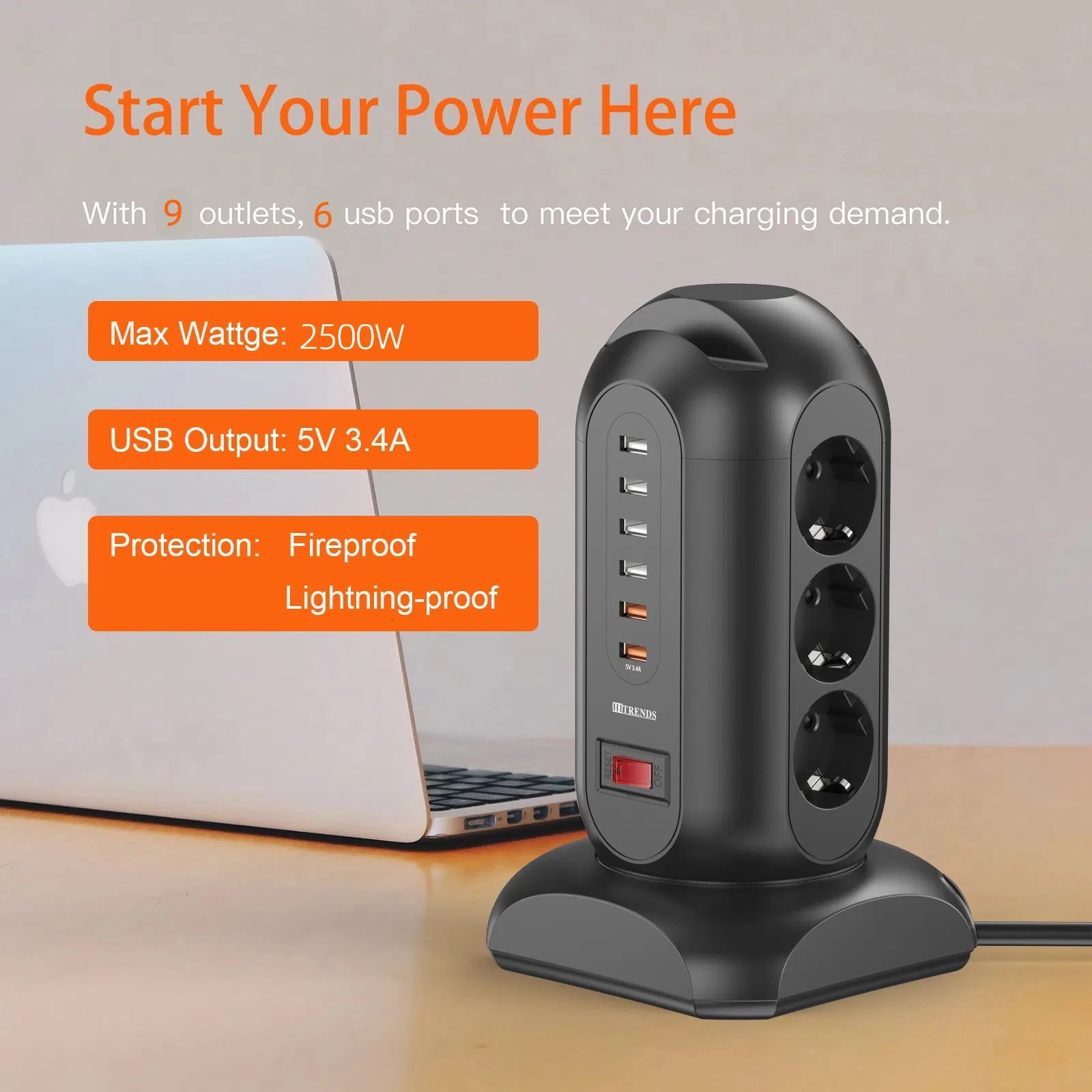 15-in-1 Tower Power Strip with 6 USB Ports & Retractable 1.8m Cord - 8