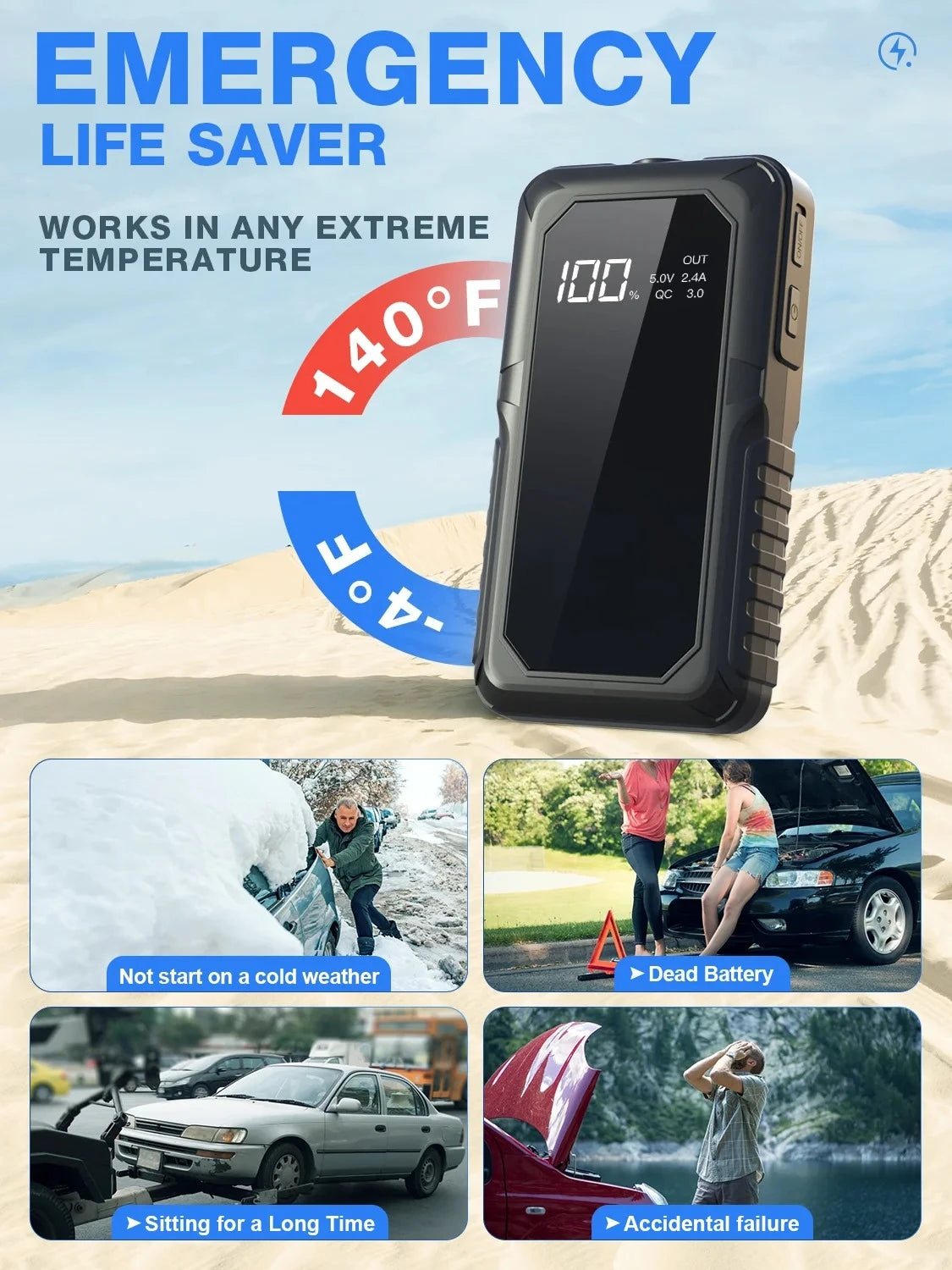 2000A Portable Car Jump Starter Power Bank - 12V Battery Booster Pack - 6