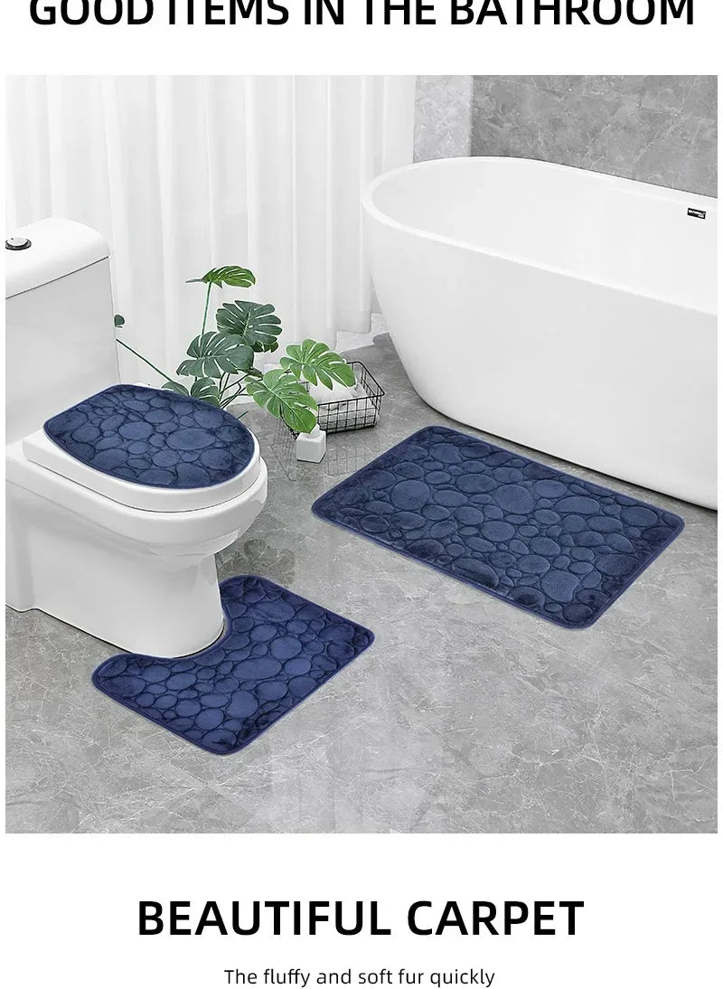 3-Piece Cobblestone Bath Mat Set - Non-Slip & Absorbent