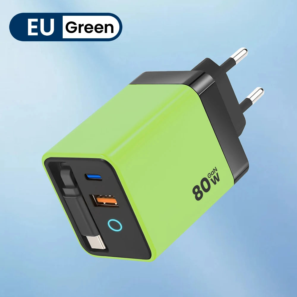 80W Fast USB-C Car Charger with Retractable Cable for iPhone & Laptop