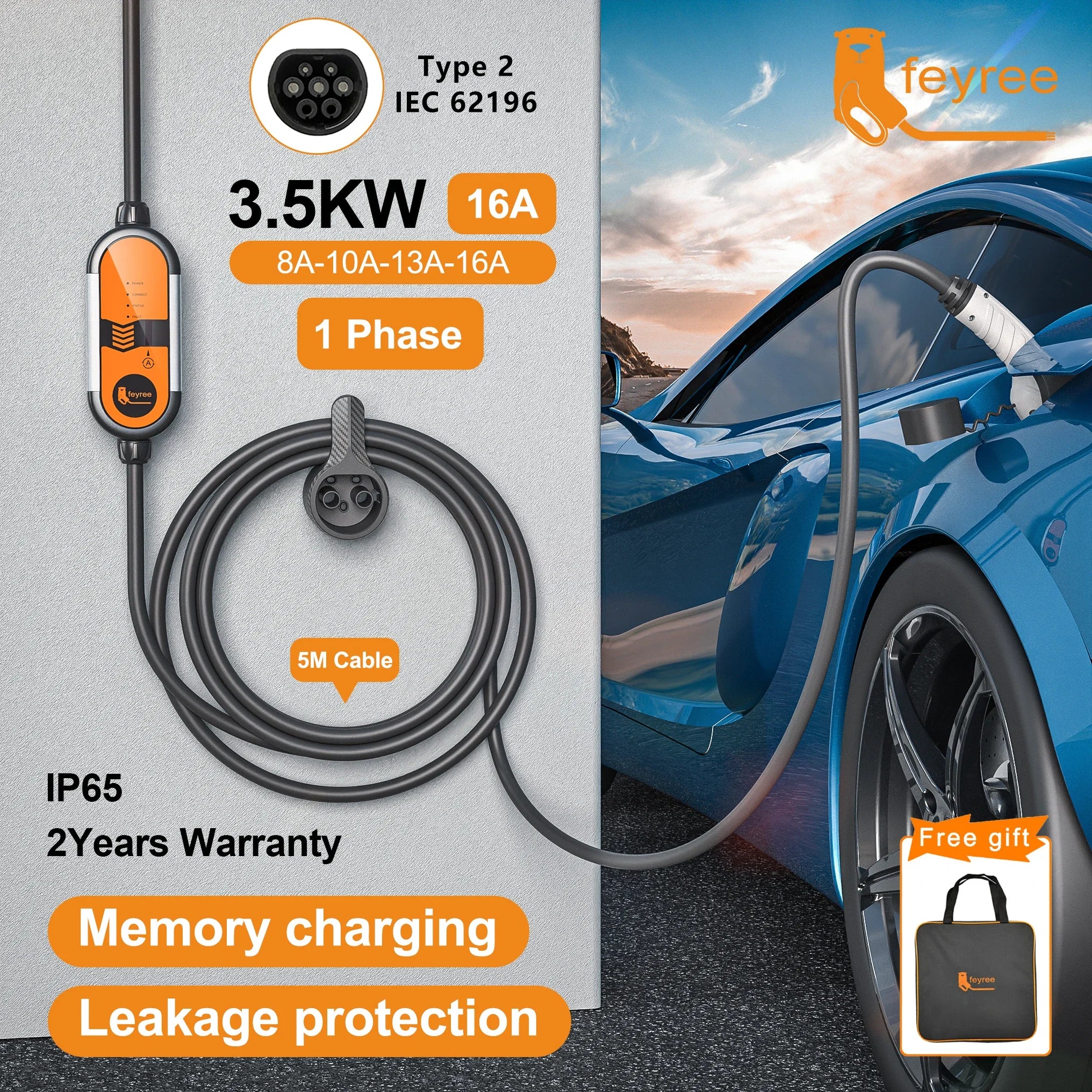 Portable 3.5KW Level 2 EV Charger - Type 2 Adjustable Charging Cable (5m) - 1