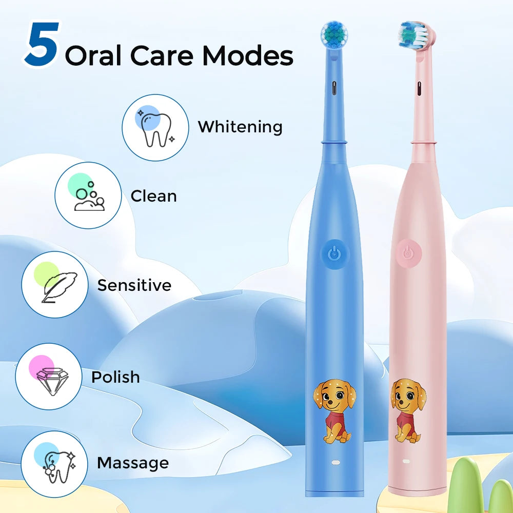 Kids Rechargeable Electric Toothbrush with 4 Replacement Heads & Timer - 8