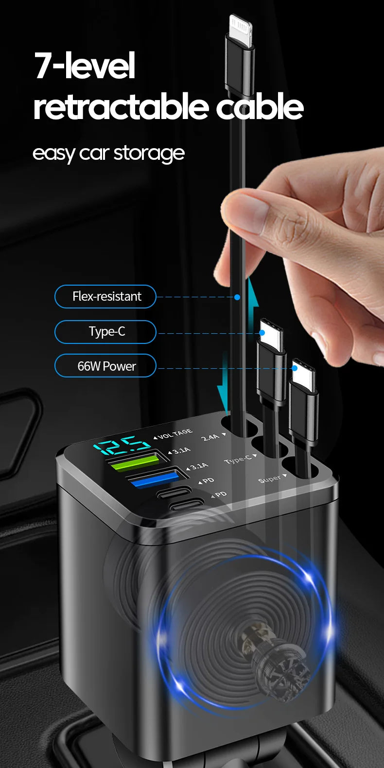 7-in-1 Retractable Fast Car Charger with Digital Display - 120W PD Adapter