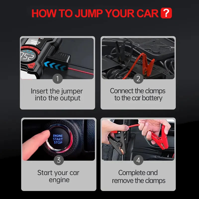 4-in-1 Portable Car Jump Starter with Tire Inflator & Power Bank