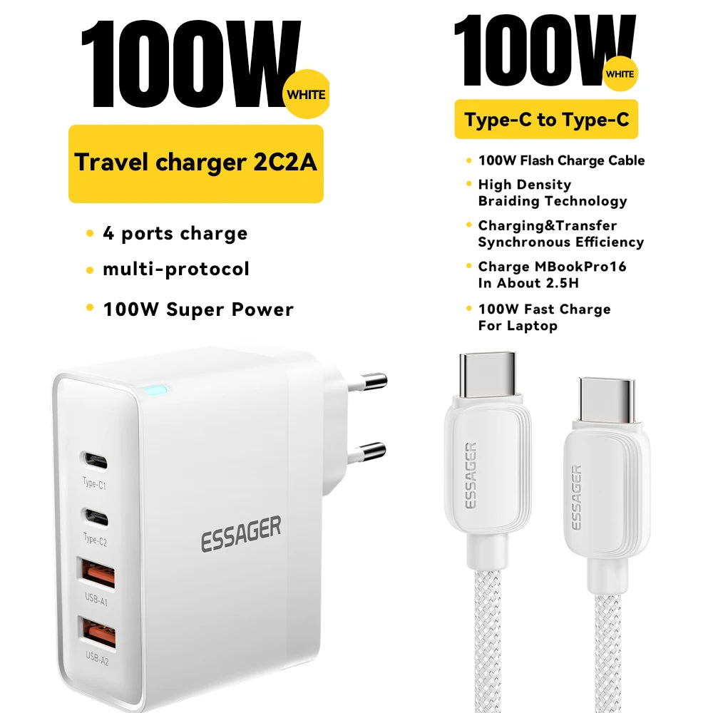100W 4-Port USB-C Desktop Fast Charger for Laptops, iPhone, & Android - 24