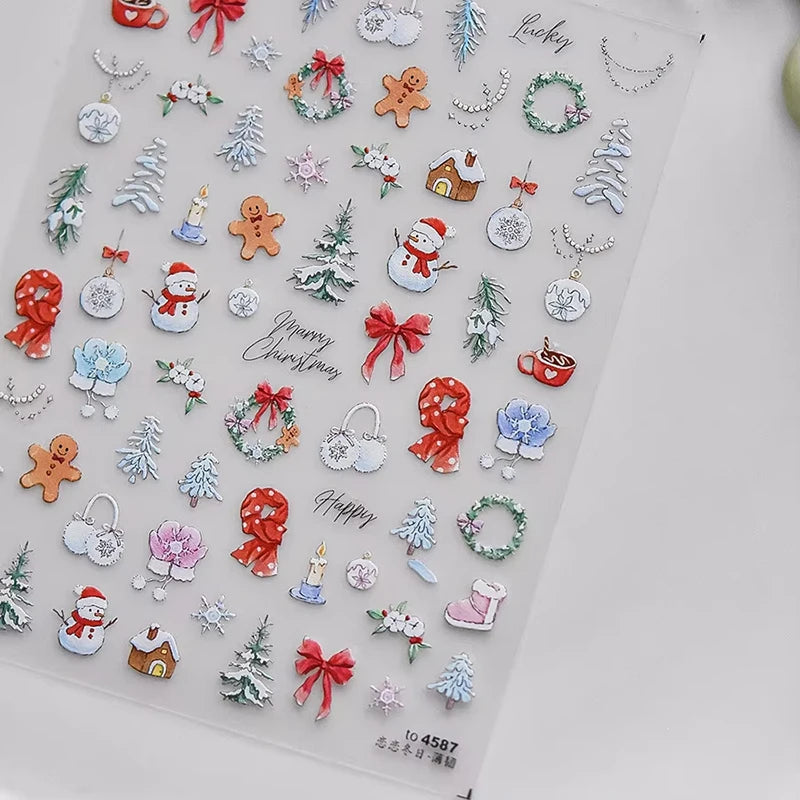 3D Christmas Nail Art Stickers - Festive Snowman & Snowflake Manicure Decals