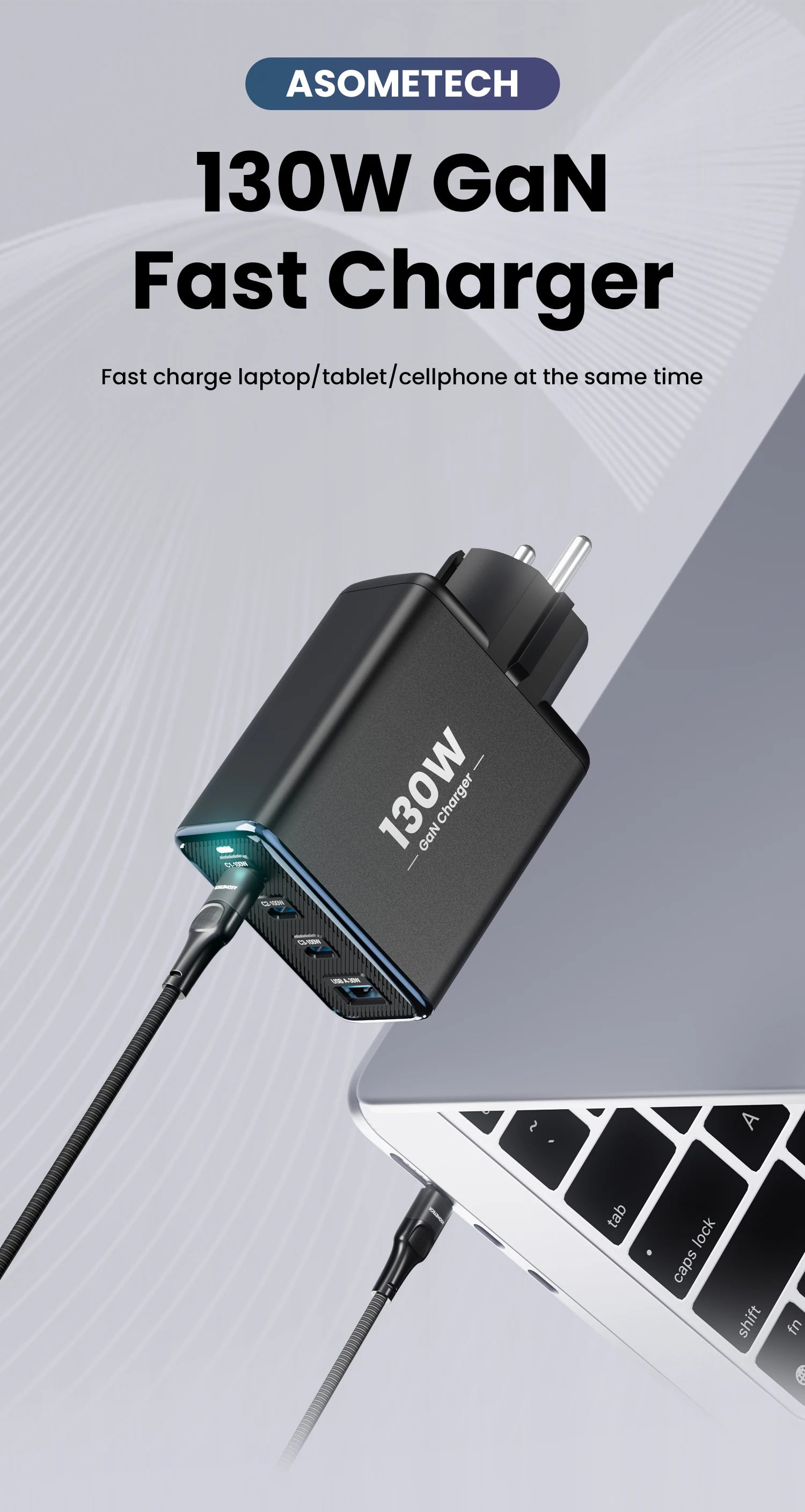130W GaN 4-Port Fast Charger - PD3.0 QC4.0 USB-C Wall Adapter for Laptops - 7