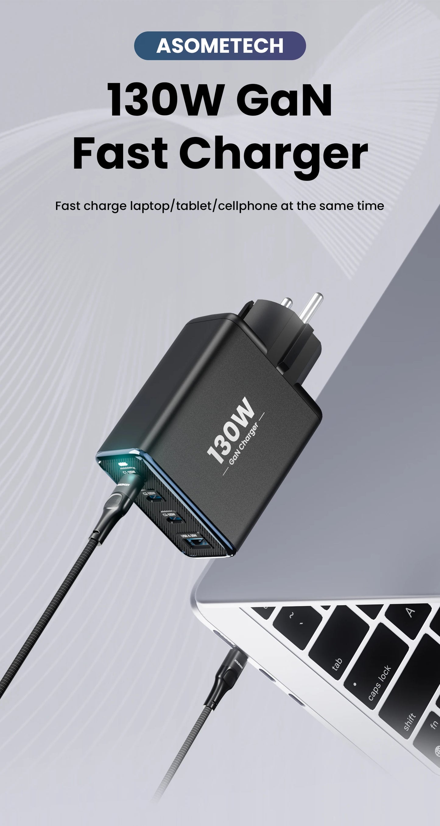 130W GaN 4-Port Fast Charger - PD3.0 QC4.0 USB-C Wall Adapter for Laptops