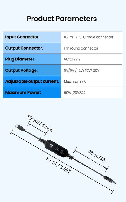 USB-C to DC Fast Charging Power Boost Cable - 5V/9V/12V/15V/20V Adapter