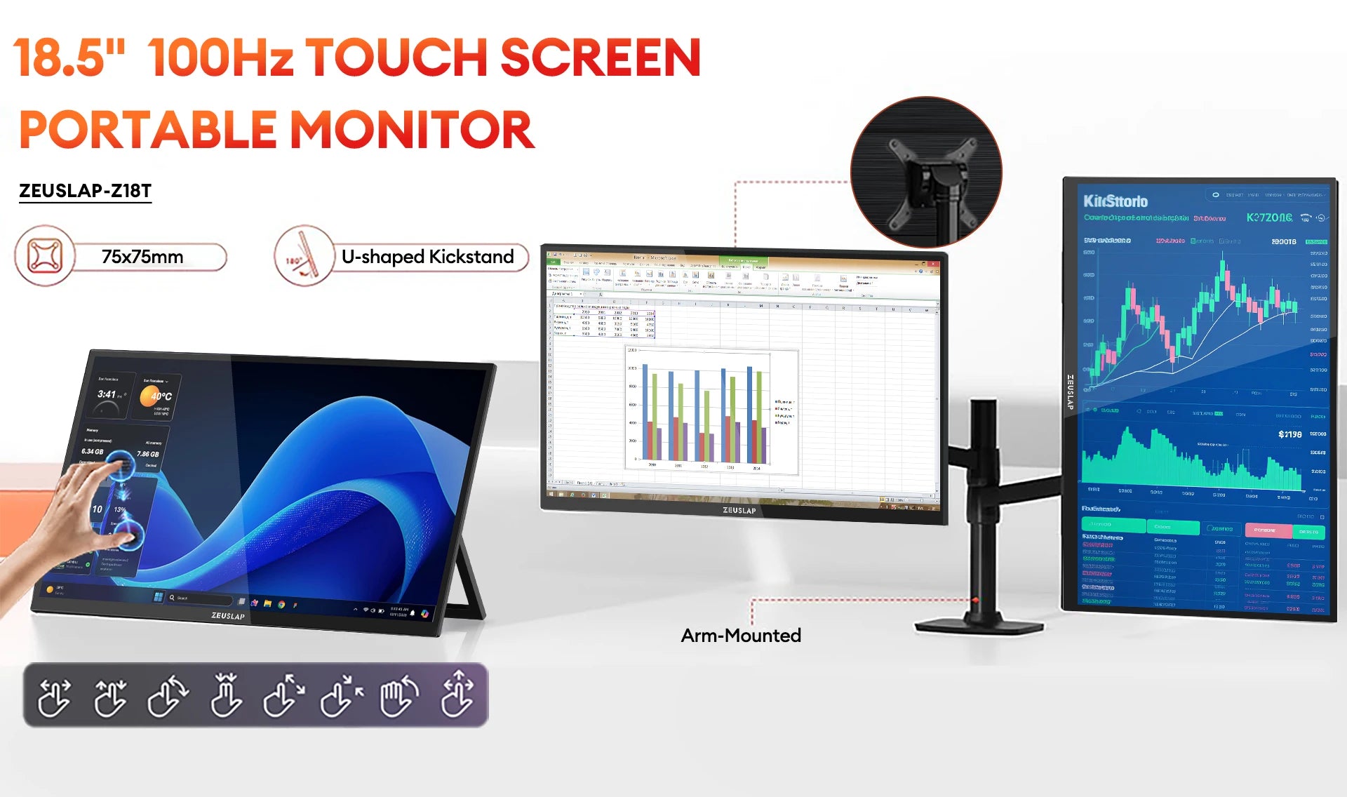 18.5" Touchscreen Portable Monitor 1080P IPS HDR Ultra-Slim Display - 9