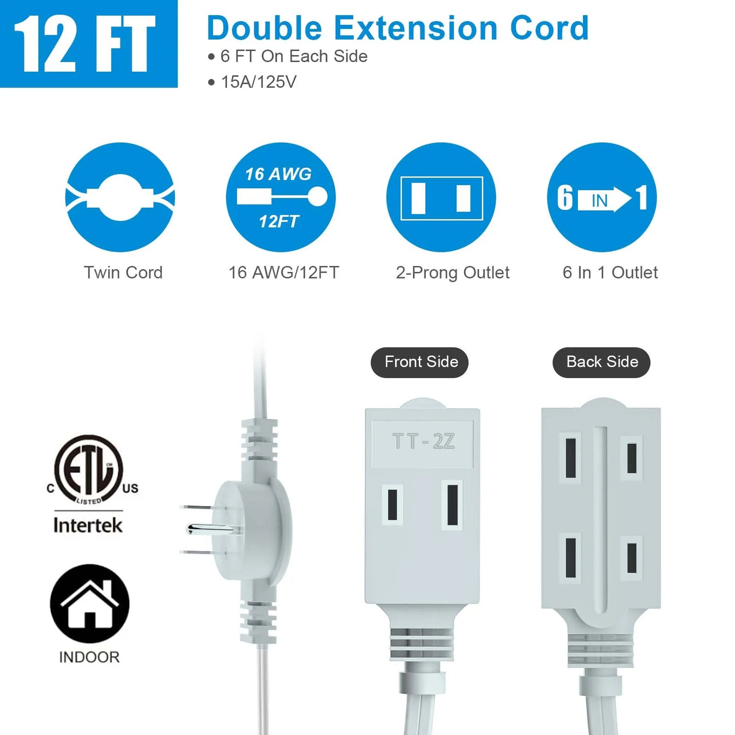 12ft Twin Extension Cord - Dual-Sided 6ft Power Splitter with Flat Plug