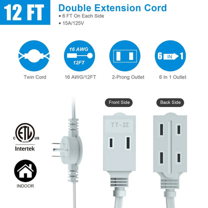 12ft Twin Extension Cord - Dual-Sided 6ft Power Splitter with Flat Plug