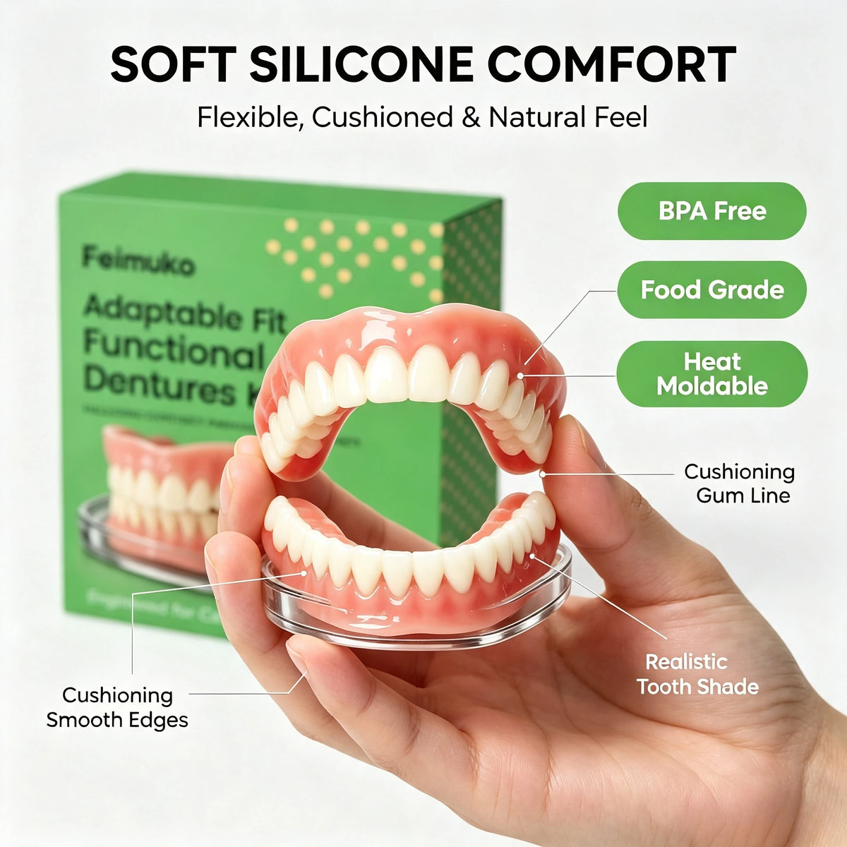 Comfort Fit Silicone Snap-On Dentures – Realistic Upper & Lower Set