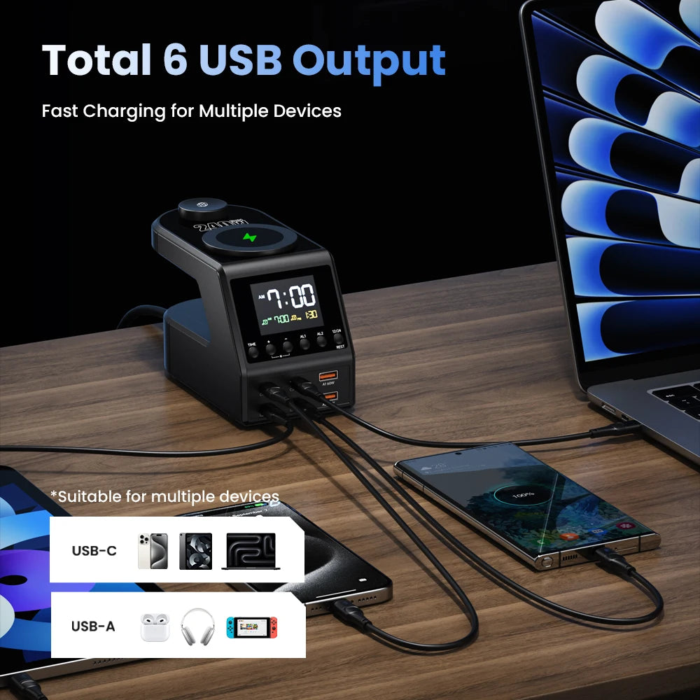 240W GaN Charging Station - 6-Port Fast Charger with Dual Wireless & Clock - 4