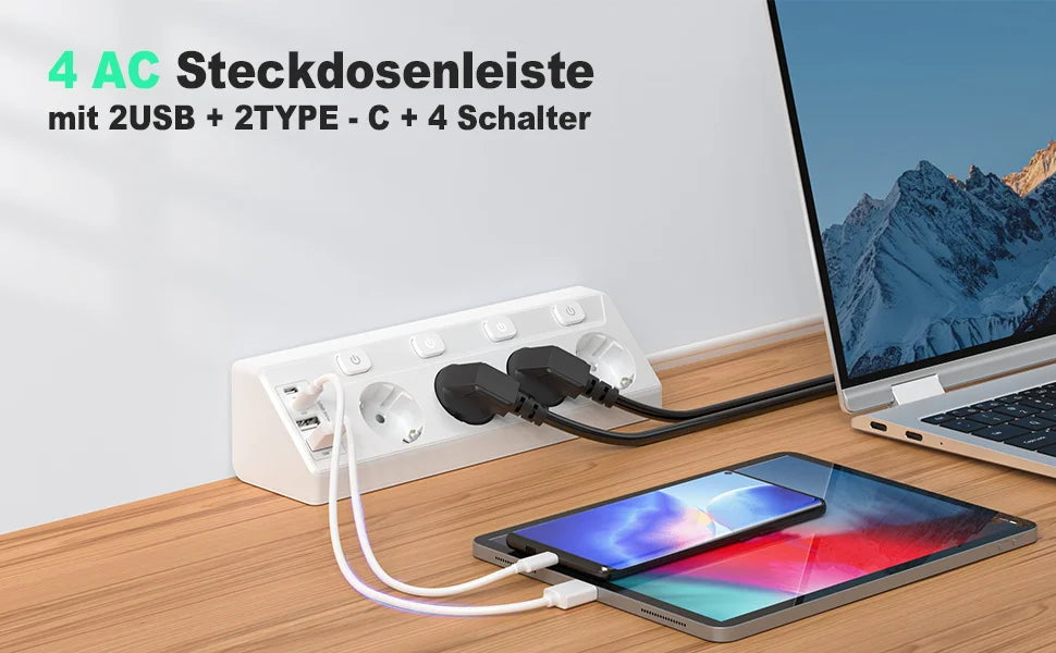 8-in-1 Corner Power Strip with USB-C & Fast Charging - 2m Extension Cord - 10
