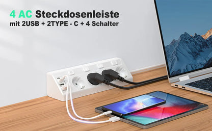 8-in-1 Corner Power Strip with USB-C & Fast Charging - 2m Extension Cord