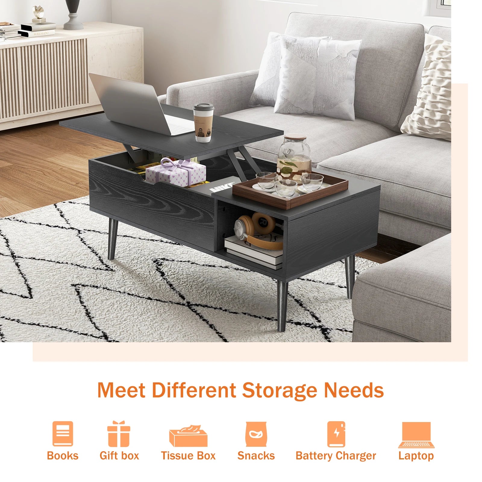 Modern Lift-Top Coffee Table with Hidden Storage & Adjustable Desk - 5