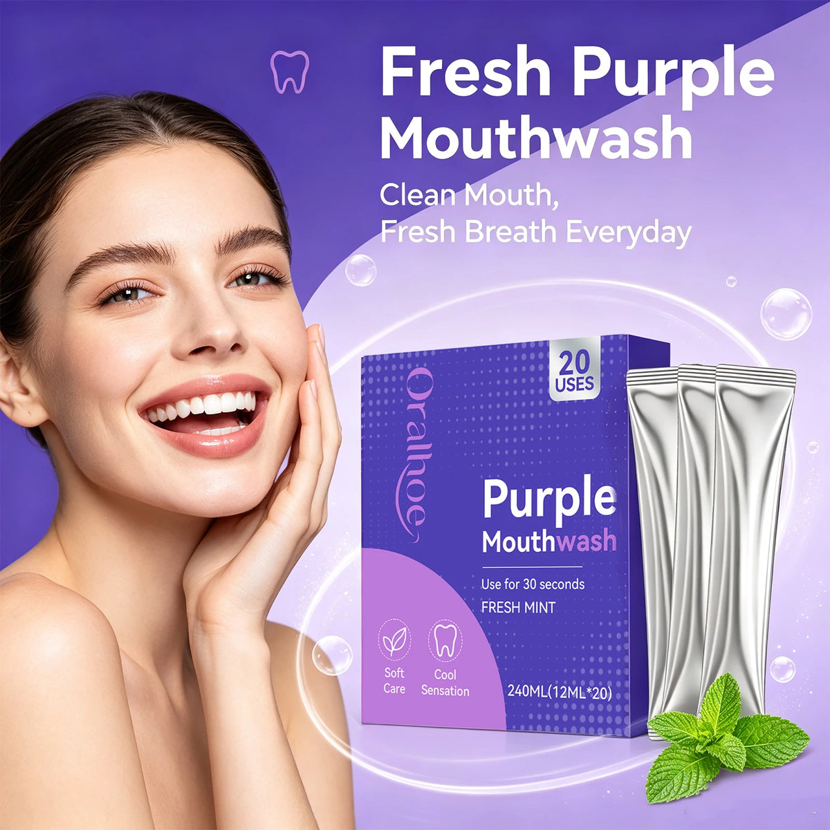 Purple Mint Mouthwash Single-Use Travel Sachets for Fresh Breath & Oral Care