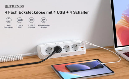 8-in-1 EU Power Strip with 4 Outlets, 2 USB-C & 2 USB-A Fast Charging