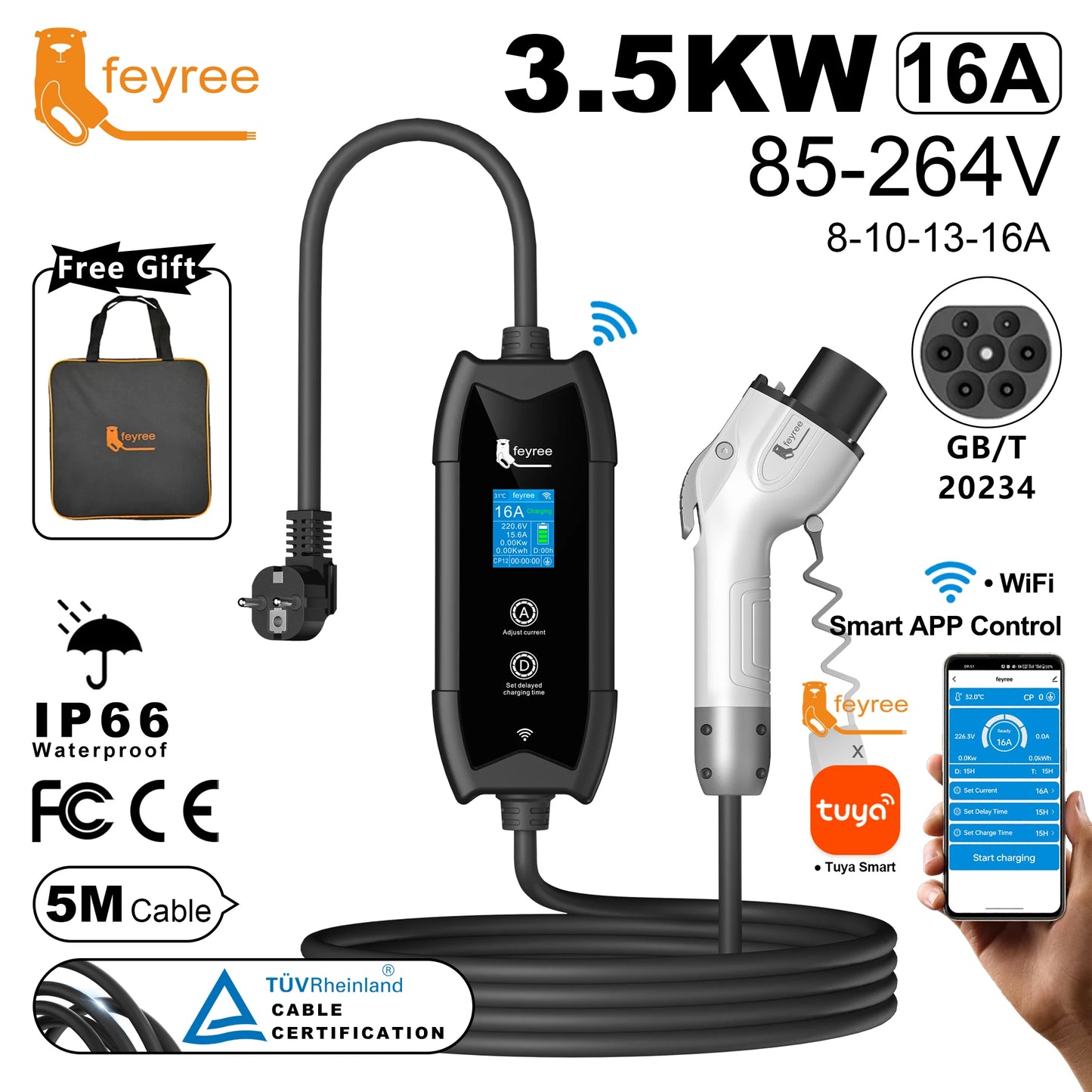 Portable 16A EV Charger with APP Control - 3.5KW Electric Vehicle Cable