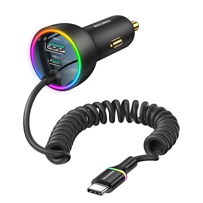 70W Fast USB-C Car Charger with 1.6m Retractable Spring Cable