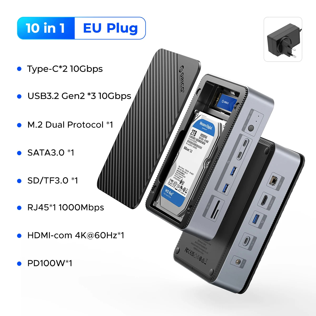 10-in-1 Dual M.2 NVMe SSD & 3.5" HDD Docking Station - 4K 60Hz HDMI PD 100W