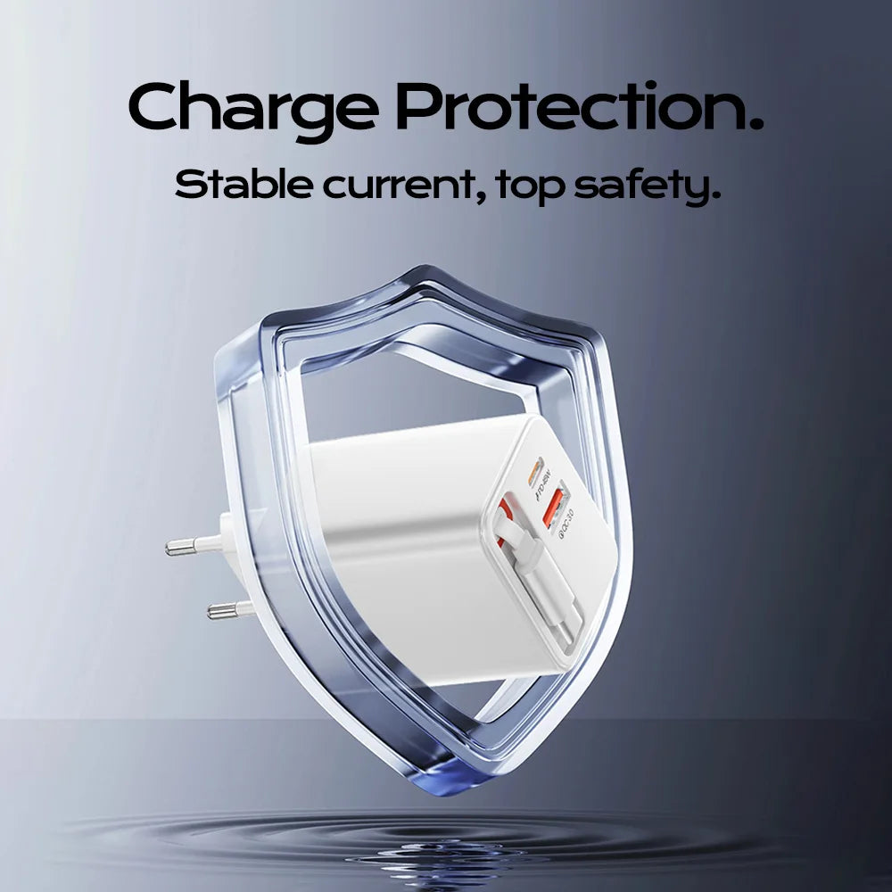 65W Retractable USB-C Fast Charger - Portable PD Travel Adapter for Laptop - 5