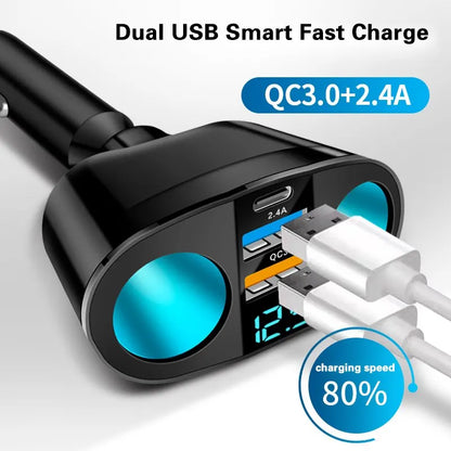 Dual-Port Fast Car Charger Adapter with Real-Time Digital Display