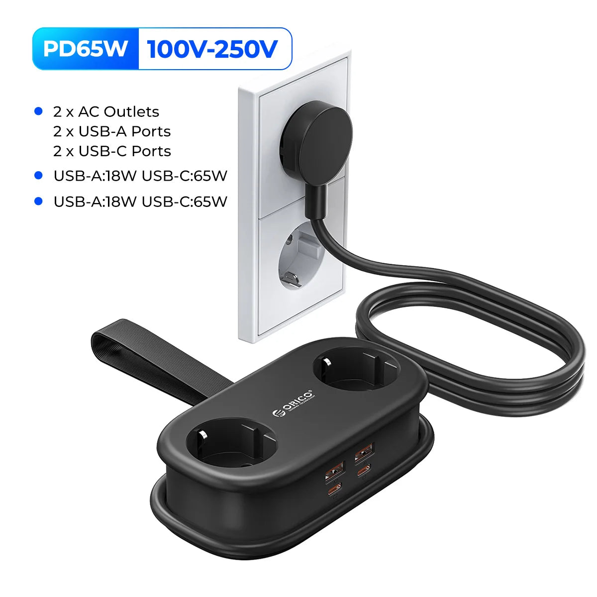 65W GaN 6-in-1 Fast Charging Power Strip - 2 AC Outlets, 2 USB-A, 2 USB-C