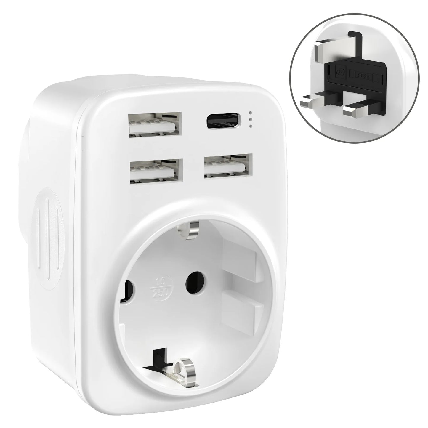 UK Travel Adapter Type G Plug with 3 USB-A & 1 USB-C Ports 5-in-1 Charger