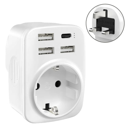 UK Travel Adapter Type G Plug with 3 USB-A & 1 USB-C Ports 5-in-1 Charger