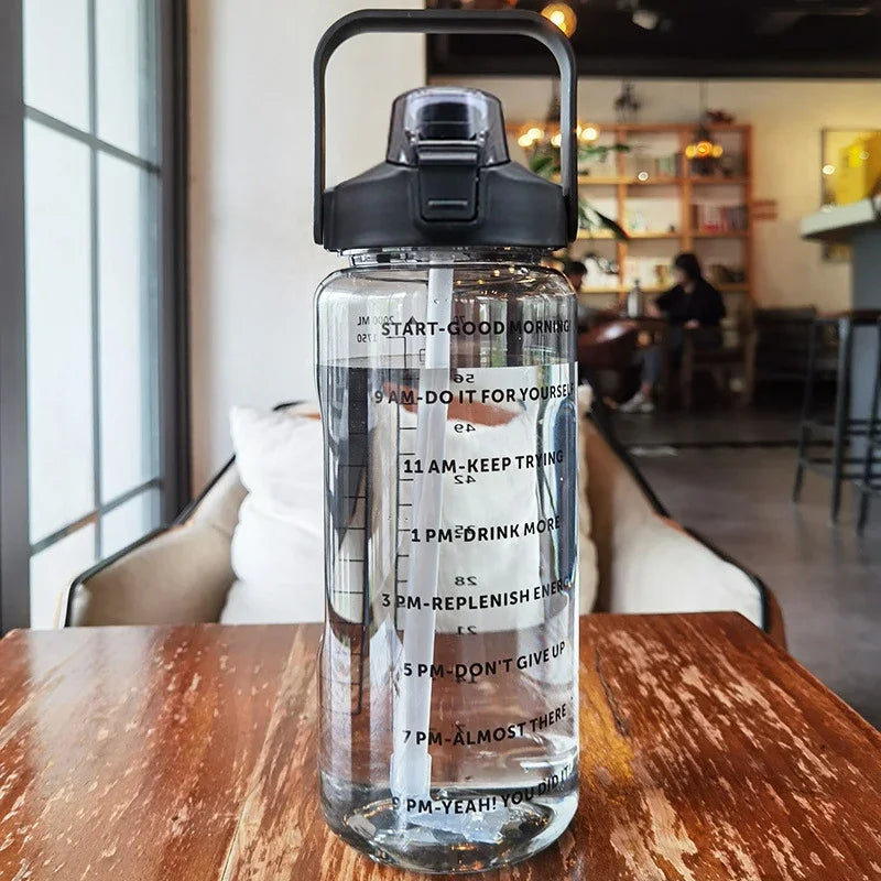 2L Large Motivational Water Bottle with Straw & Time Markers for Fitness