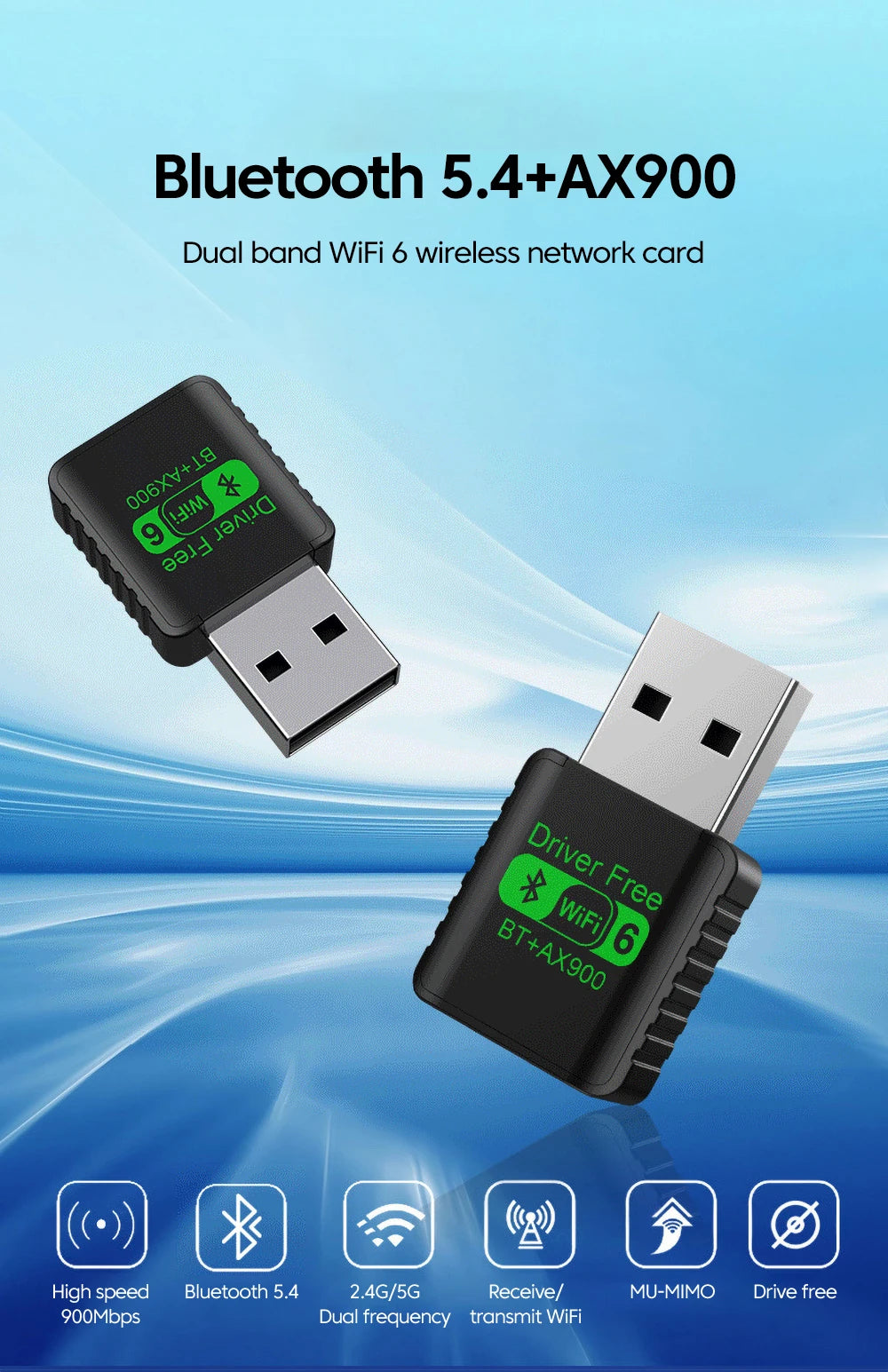 WiFi 6 AX900 USB Adapter with Bluetooth 5.4 - Dual Band Wireless Network Card - 9